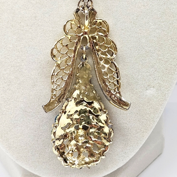 VINTAGE Unique Multicolor Pear Shaped Large Gold Tone Pendant Necklace - Picture 5 of 7